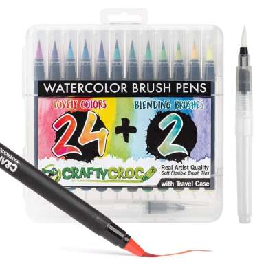 Crafty Croc Watercolor Paint Brush Pens - Set of 24 Vibrant Water Color Brush Markers with Real Nylon Tips for Watercolor